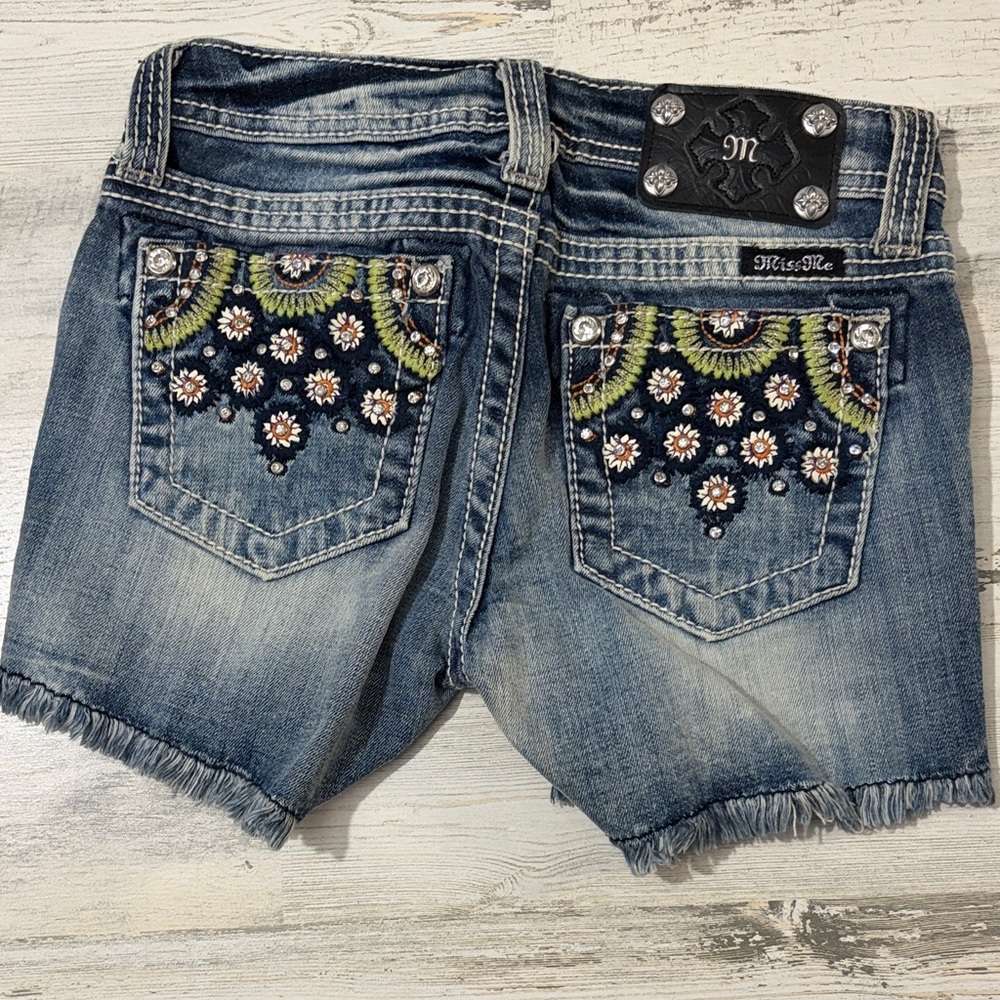 Miss Me Blue Denim Shorts with Floral Embroidery and Bling Size 12